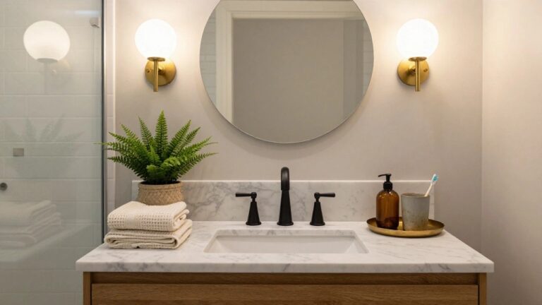 Modern bathroom vanity with white marble countertop, round backlit mirror, two gold sconces with white shades, wood cabinet below, potted fern, and glass shower enclosure in background.