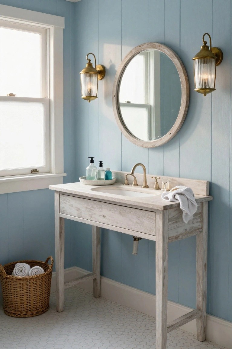 Bathroom vanity console in white wood with a round rattan mirror flanked by two brass lantern sconces on a light blue shiplap wall, soap bottles on the counter, and a wicker basket of towels on the floor.