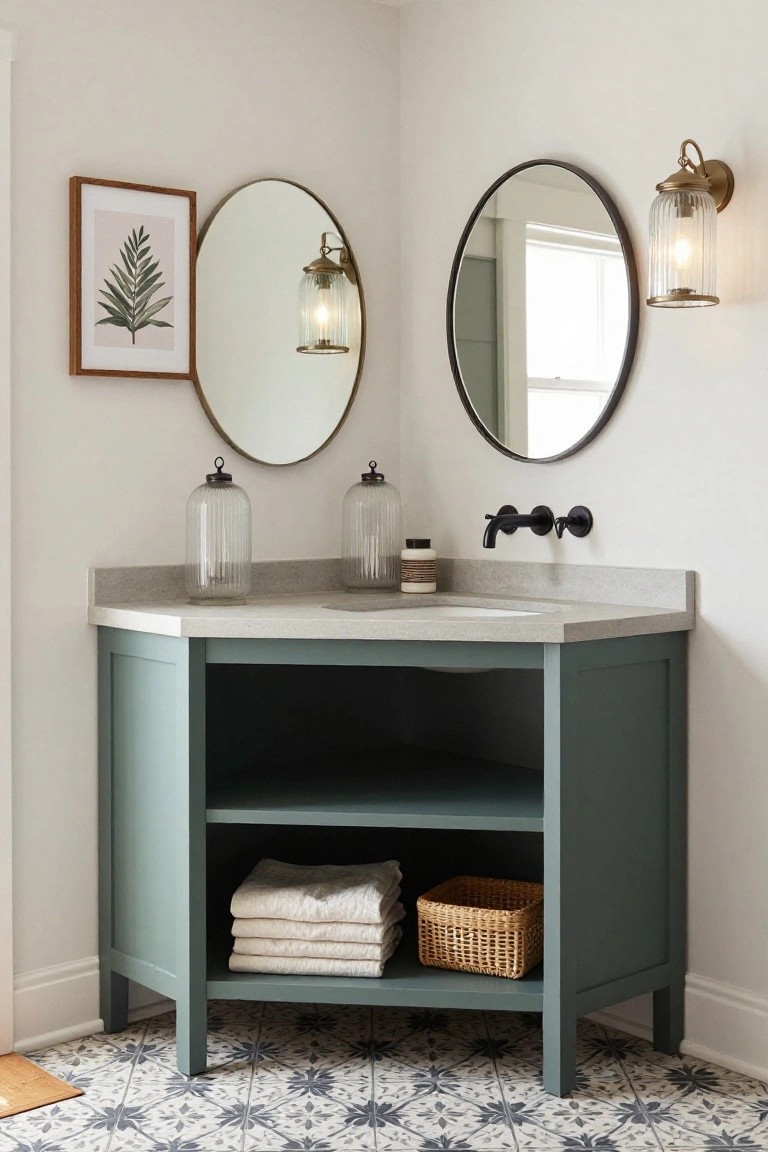 Corner teal-painted bathroom vanity cabinet with light gray countertop, undermount sink, two glass jars and a lotion bottle on top, two round mirrors on the wall, and matching glass jar wall sconces mounted beside the mirrors above black faucet, on white walls with blue-patterned tile floor.