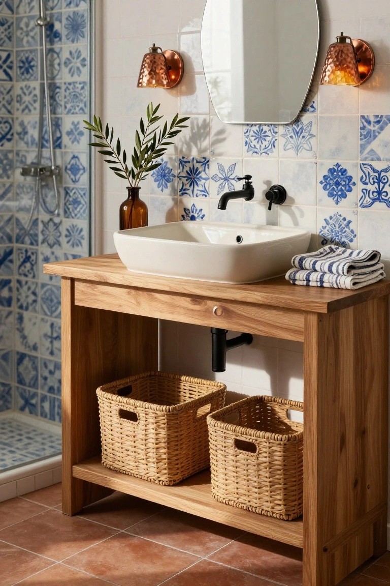 Bathroom vanity unit made of light wood with a white rectangular vessel sink, blue patterned tile walls, two woven baskets underneath, folded striped towels on top, olive branches in a vase, glass bottle, round mirror, and paired hammered copper wall sconces.