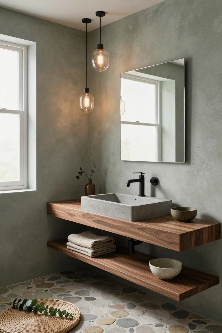 Corner bathroom with sage green textured walls, floating walnut wood vanity holding concrete sink and black faucet, rectangular mirror, two black pendant lights with exposed bulbs hanging above, pebble tile floor, towels on lower shelf, and plant accents.