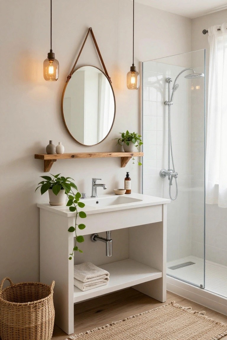 A light-colored bathroom with white vanity and sink, round mirror hung by brown leather straps, two hanging glass pendant lights with exposed bulbs, wooden shelf holding plants and vases, woven basket, and glass shower enclosure.