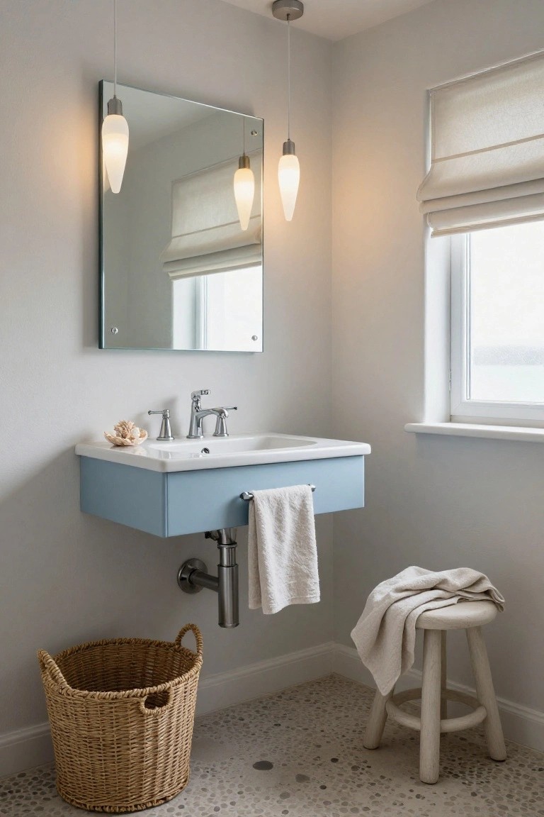 A wall-mounted blue bathroom vanity with white sink and chrome faucet under two hanging frosted teardrop pendant lights, a rectangular mirror above, draped towels, a stool, basket, and window with blinds on a pebble tile floor.