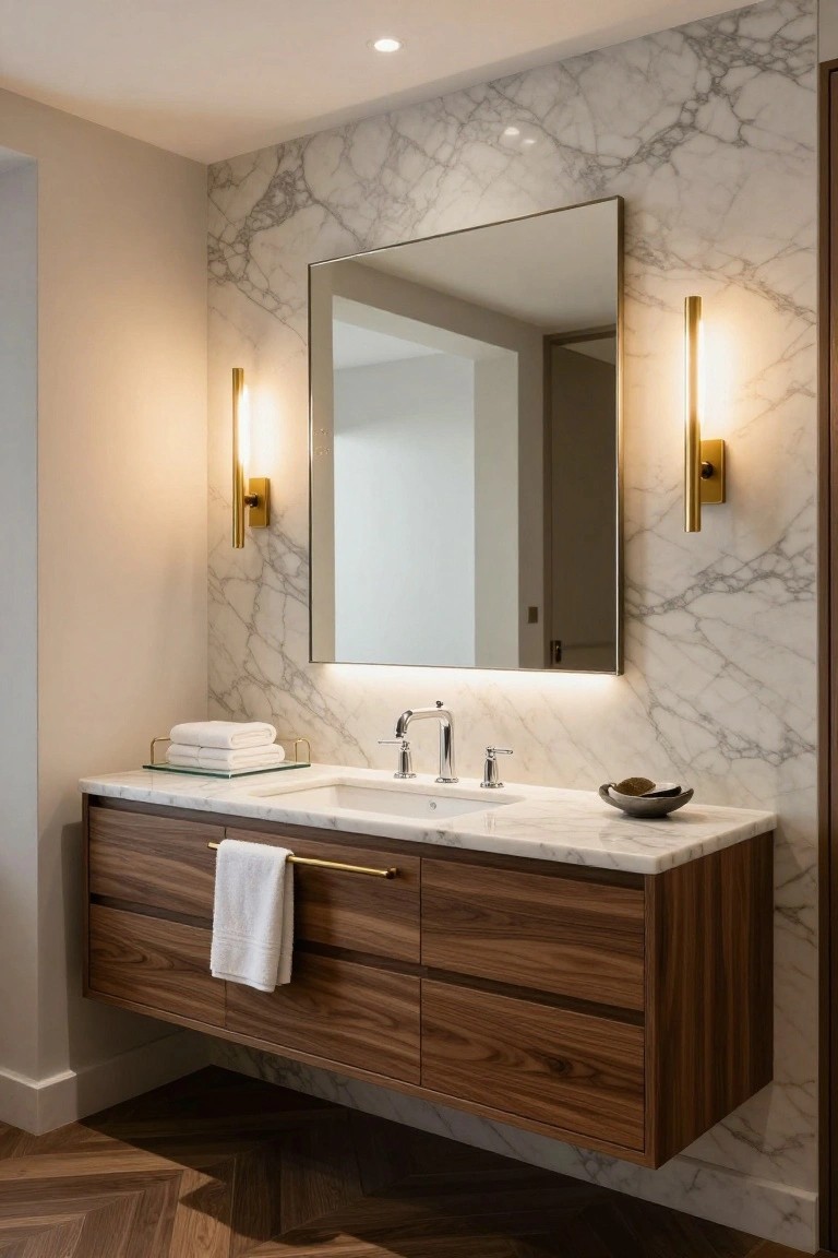 Bathroom vanity with floating walnut wood cabinet, white marble countertop and sink, large rectangular mirror flanked by two gold tube wall sconces, marble tile wall, and herringbone wood floor.