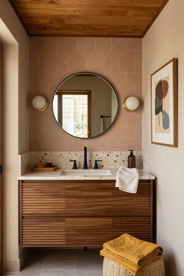 Bathroom vanity featuring a round black-framed mirror flanked by two white globe sconces with gold bases, a white terrazzo countertop with black faucet, wooden slatted cabinet below, pink geometric tiled wall, and yellow towels nearby.
