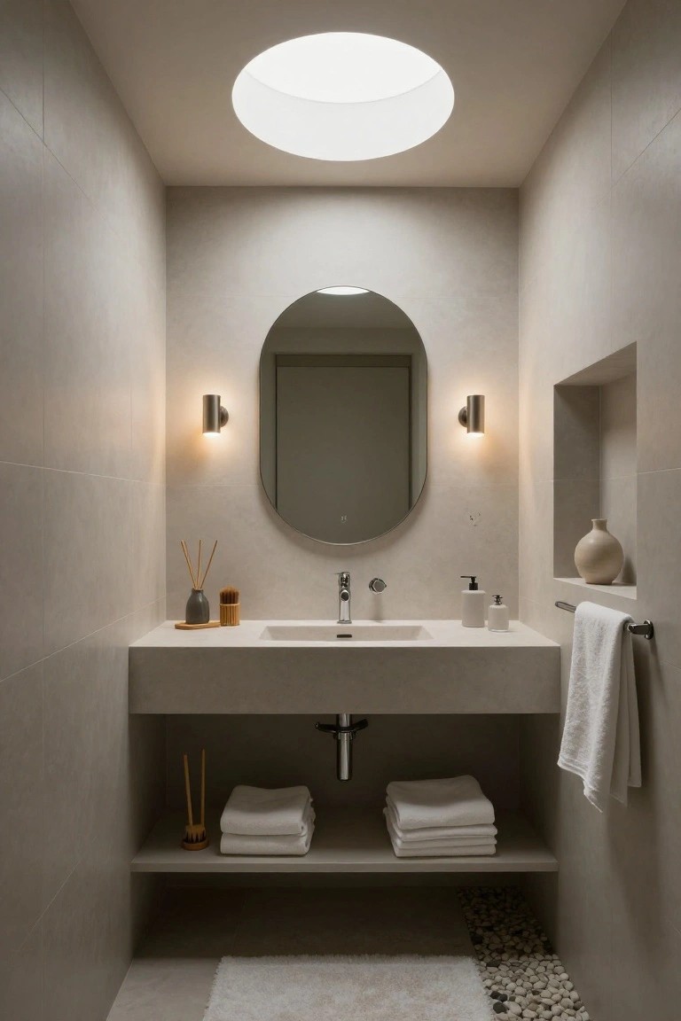 Beige-tiled bathroom with circular skylight overhead, oval backlit mirror flanked by two cylindrical wall sconces, floating stone vanity with sink, towels, and decorative vase on niche shelf.