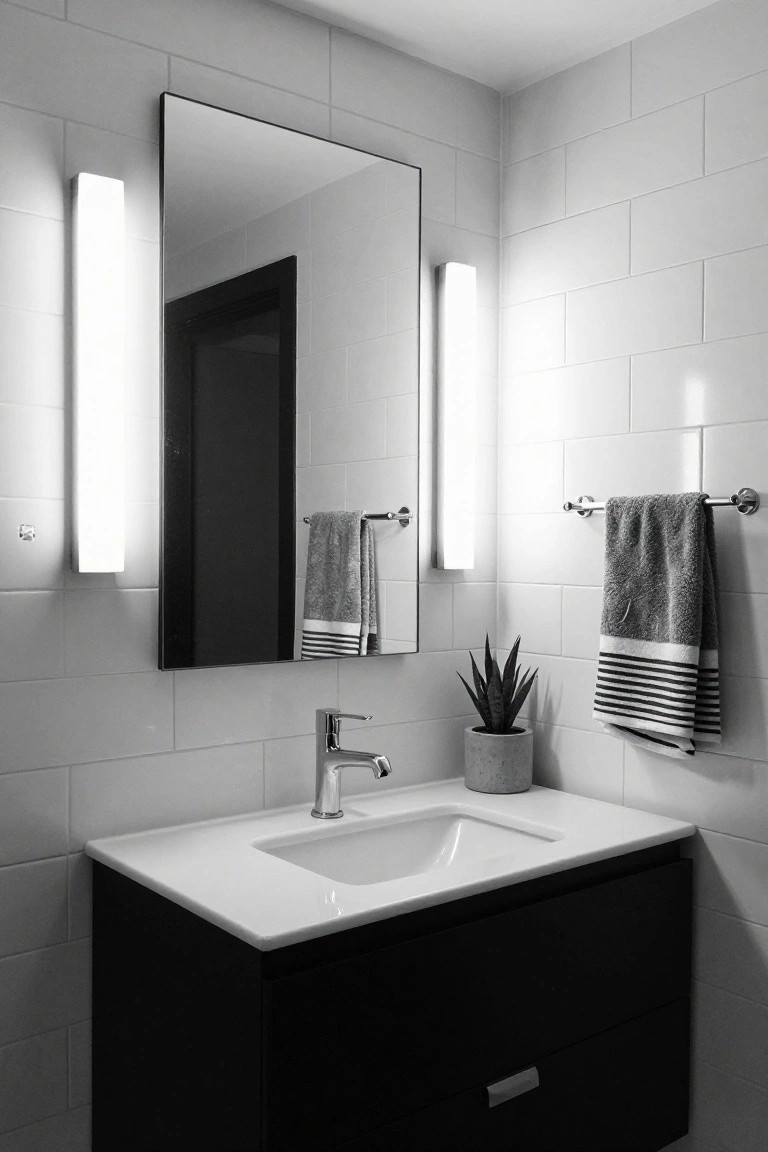 Black and white bathroom vanity area with frameless mirror flanked by two slim vertical wall sconces, white subway tile walls, black cabinet below the sink, hanging striped towels, and potted succulent plant.