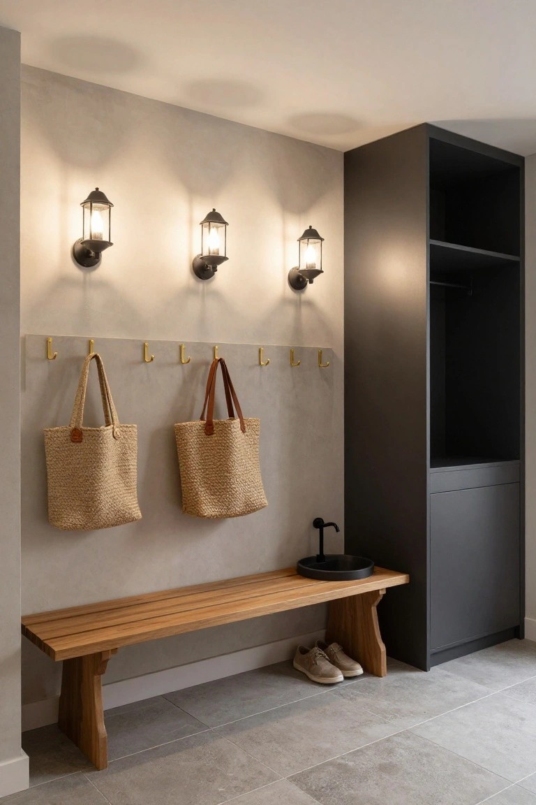 Modern entryway featuring a light gray textured wall with three black lantern wall sconces, gold hooks holding two straw tote bags, a wooden slatted bench with a black tray and pair of suede shoes underneath, and a tall black cabinet with wardrobe rod beside a floor faucet.