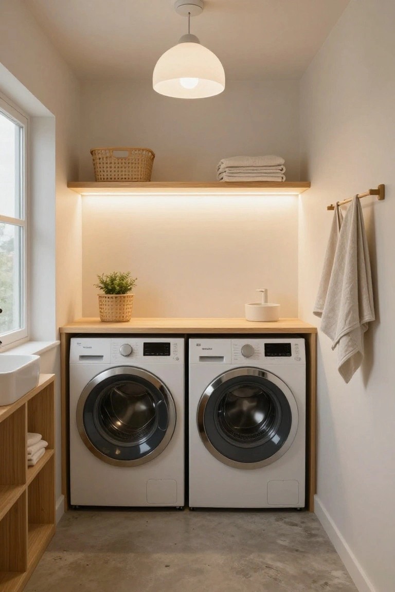 Compact indoor laundry room with two white Miele washer-dryer units under a wooden countertop and sink, wooden shelves holding linens and a basket, hanging towels, a potted plant, and lighting from a white pendant and LED strip.