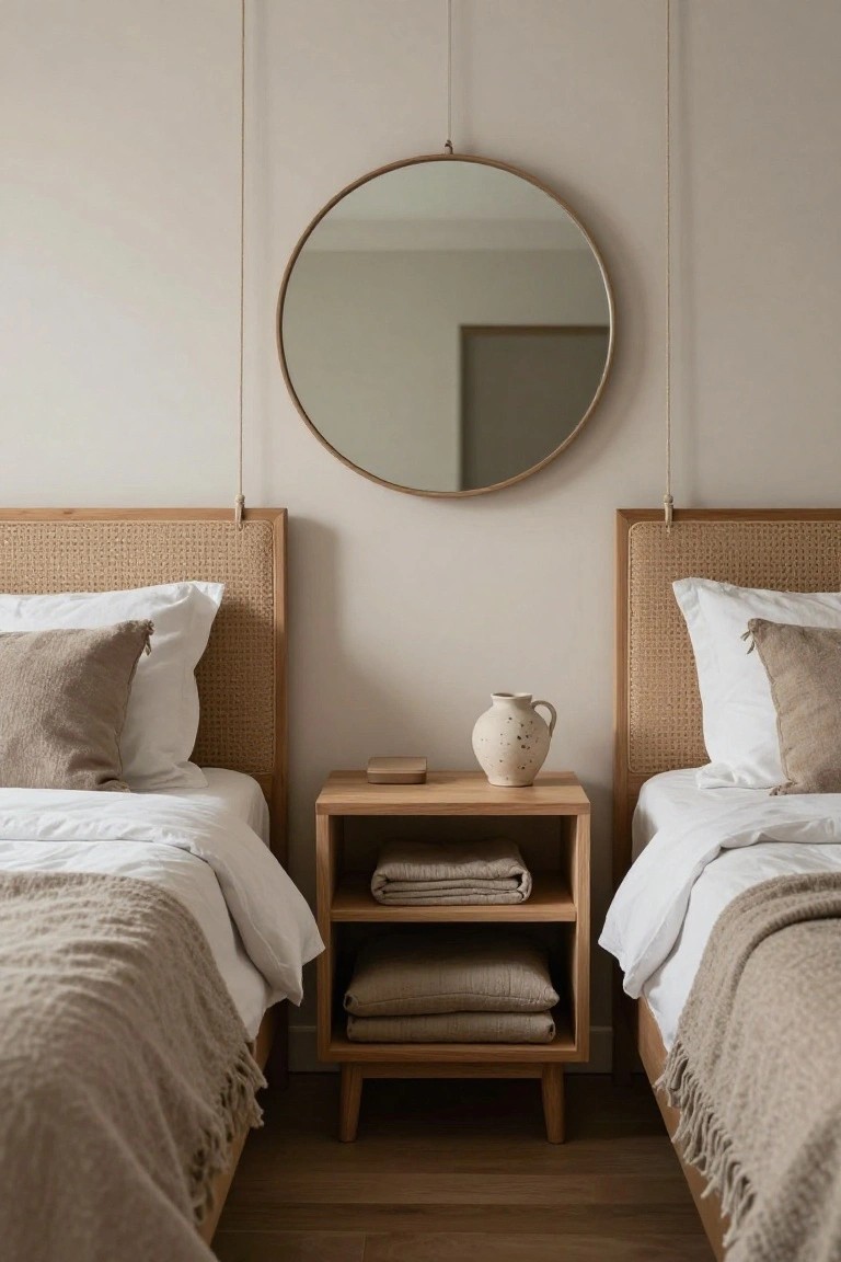 Two beds with rattan headboards and beige linens flanked by wooden nightstands in a light beige bedroom, with a large round mirror suspended from the ceiling by ropes between them.