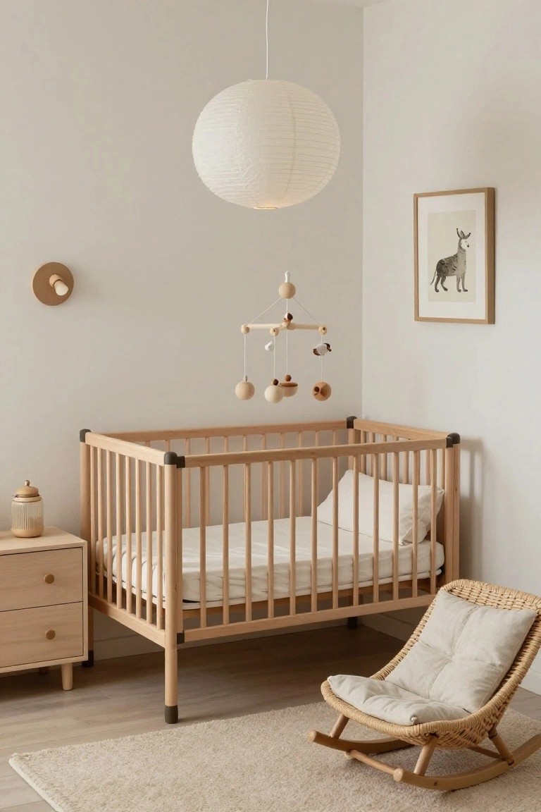 Light wood crib in a minimalist nursery with a large white paper lantern pendant light overhead, wooden mobile, wall sconce, framed deer artwork, small dresser, and rattan rocking chair on beige carpet.