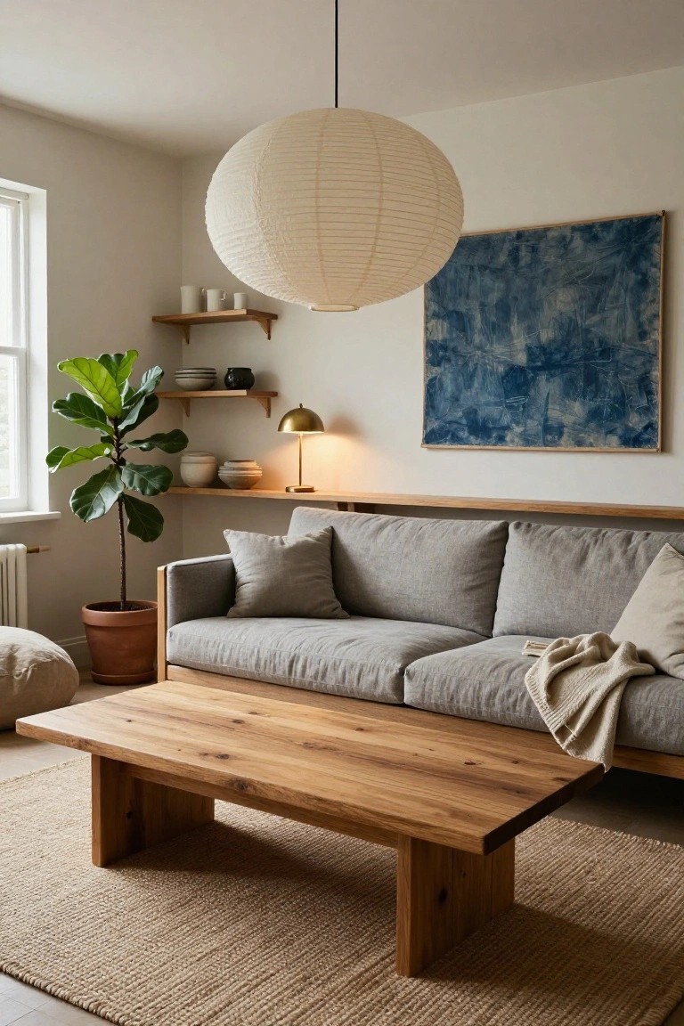 A minimalist living room with a large white paper lantern pendant light hanging over a gray linen sofa and wooden coffee table, flanked by wooden shelves with ceramics, a potted fiddle leaf fig plant, and a blue abstract wall hanging.