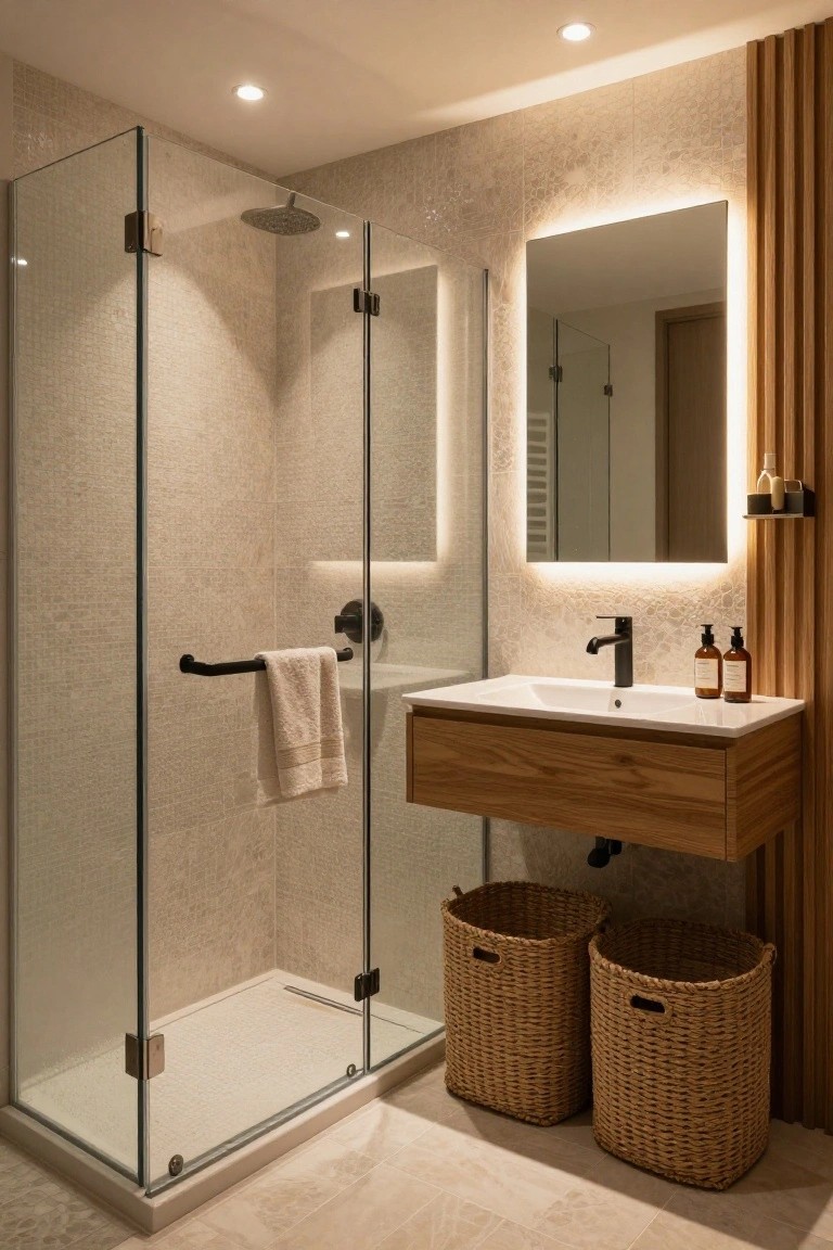 Contemporary bathroom with glass walk-in shower, wooden wall-mounted vanity and sink, backlit rectangular mirror, black towel bar, woven baskets, and neutral textured tile walls and floor.