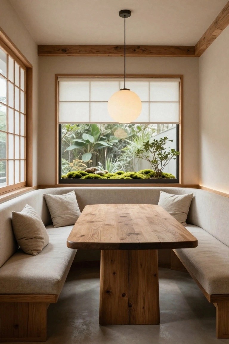 Minimalist Japanese dining nook with wooden table, built-in bench, and garden view.