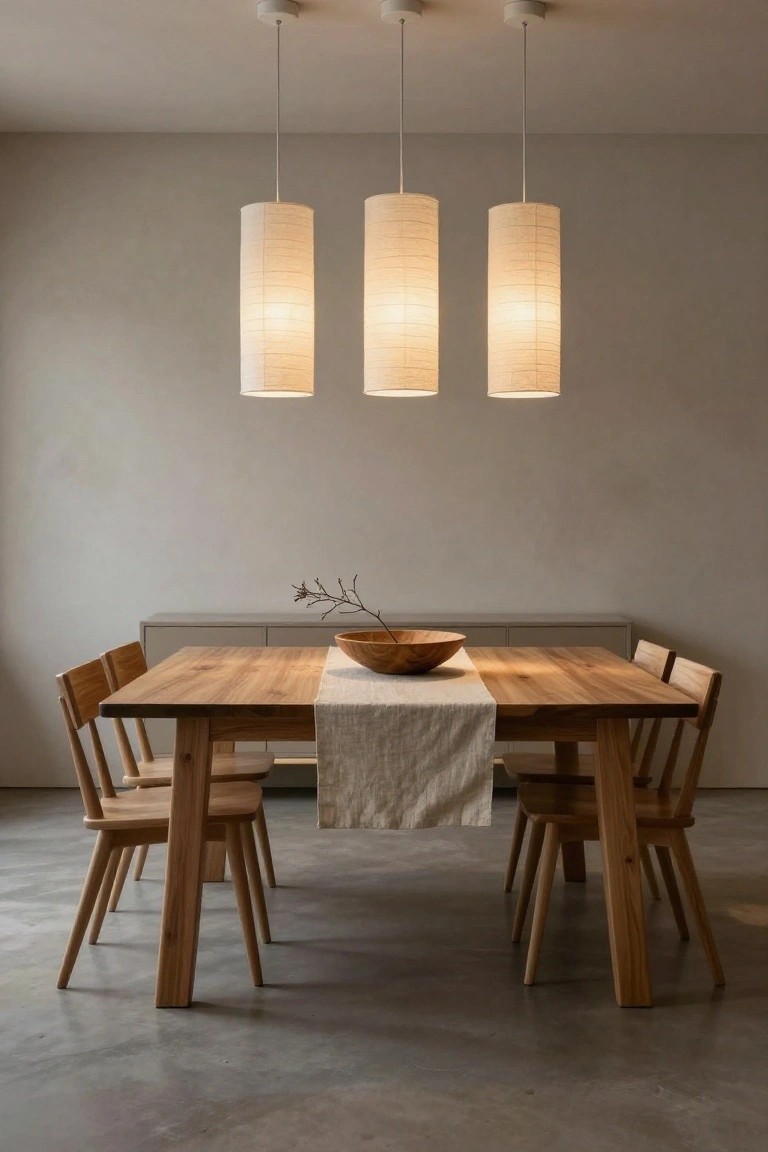 A dining room with a rectangular wooden table, four wooden chairs, a linen runner, wooden bowl with branches, and three hanging cylindrical white rice paper pendant lights centered above, against light gray walls and a polished concrete floor.