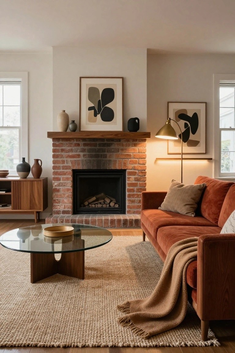 A living room with a brick fireplace lit by logs, flanked by ceramic vases, a wooden media cabinet, terracotta velvet sofa with pillows and throw, glass coffee table, seagrass rug, and gold arched floor lamp illuminating abstract framed artwork on white walls.