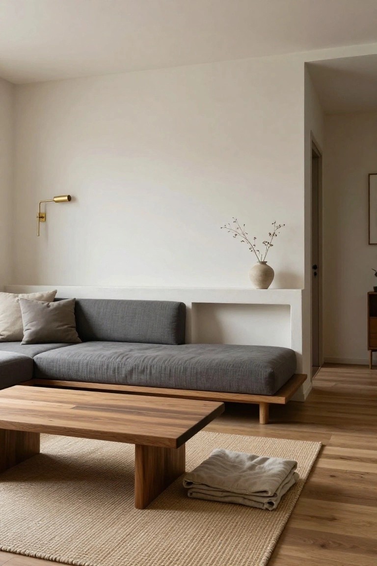 A minimalist living room featuring a gray L-shaped sofa, wooden coffee table on legs, beige seagrass rug, folded linens, brass gooseneck wall sconce, and beige vase with dried branches on a white wall niche.