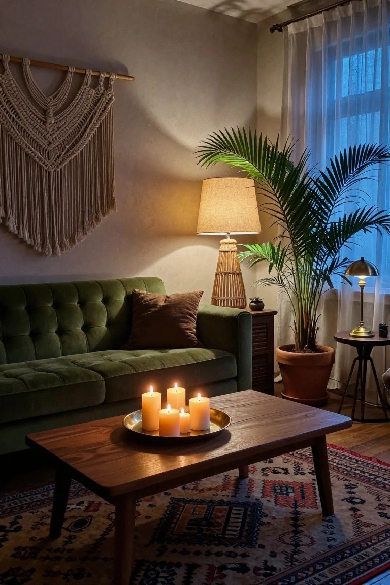 A cozy living room featuring a green tufted velvet sofa, low wooden coffee table with a brass tray holding several lit candles, tall potted palm plant, rattan floor lamp, macrame wall hanging, and colorful patterned rug.