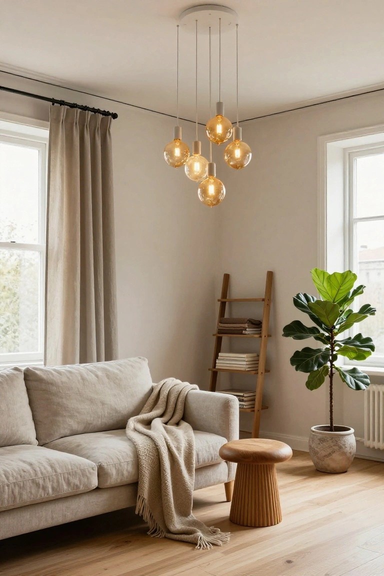A cozy living room corner featuring a light beige linen sofa with a cream throw, a wooden mushroom stool, a wooden ladder shelf with stacked books and towels, a large potted fiddle leaf fig plant, beige curtains on two windows, light wood floors, and a cluster of five suspended amber globe pendant lights with white sockets hanging from the ceiling.