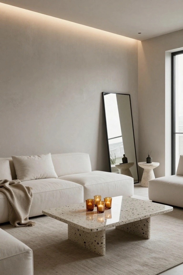 Beige living room with modular white fabric sofas, beige throw blanket, terrazzo coffee table holding glass candles, black full-length mirror, stone stools with plants, and warm cove lighting along ceiling edges beside a large window.