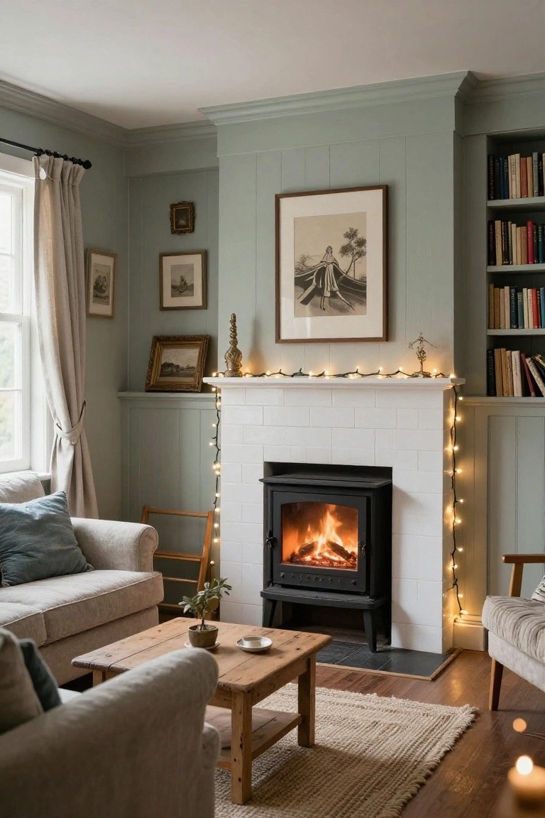 Cozy living room interior with wood-burning stove lit by flames, fairy lights strung along white brick mantel and down paneled wall, linen sofas, wooden coffee table, bookshelves, and candles.