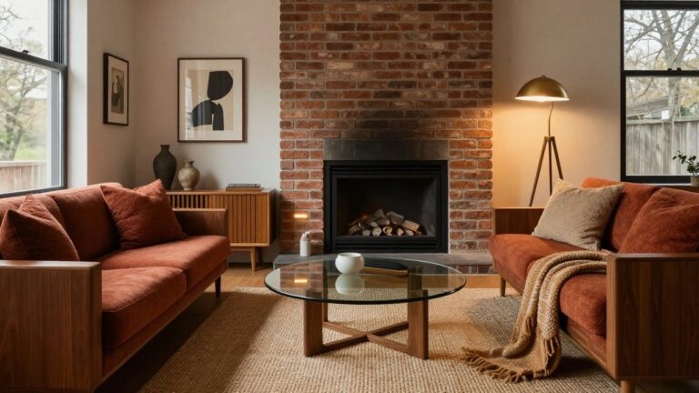 18 Stunning Mood Lighting Living Room Ideas For A Warm Glow A living room with a brick fireplace lit by logs, flanked by ceramic vases, a wooden media cabinet, terracotta velvet sofa with pillows and throw, glass coffee table, seagrass rug, and gold arched floor lamp illuminating abstract framed artwork on white walls.