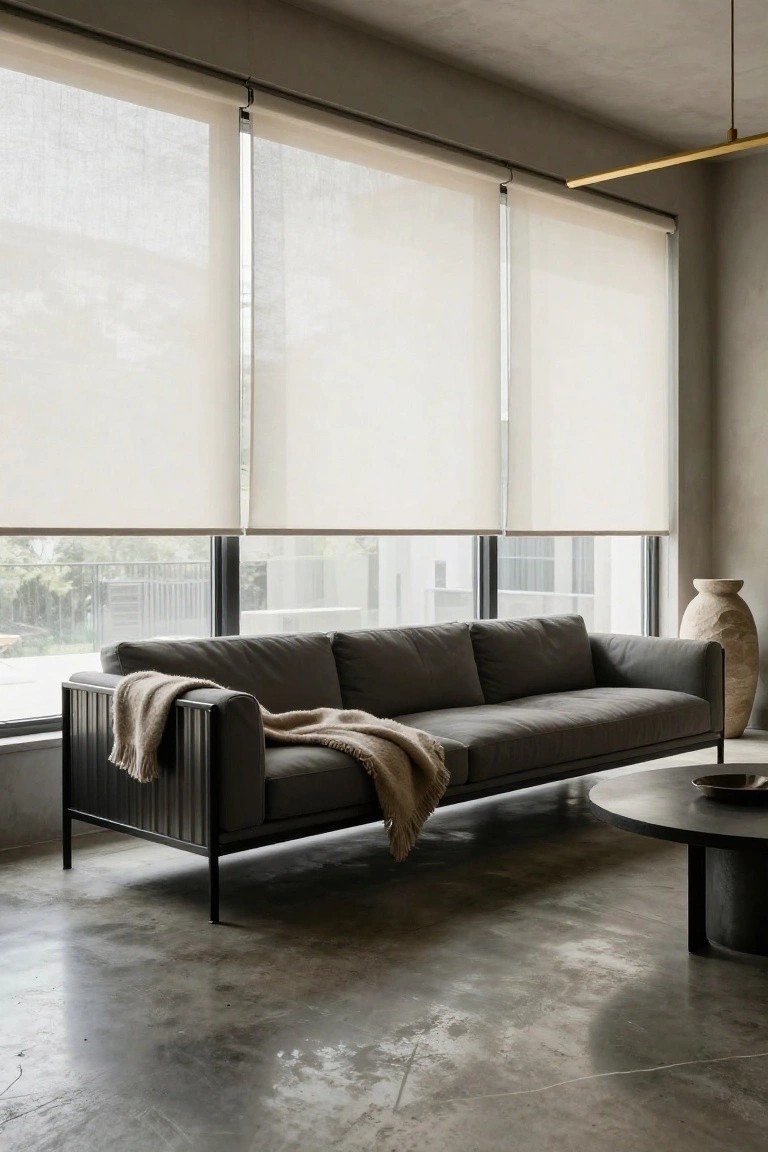 Modern living room featuring a gray fabric sofa with throw blanket on black metal frame, round black coffee table, tall terracotta vase, sheer white roller blinds on large windows, polished concrete floor, and slim gold pendant light overhead.