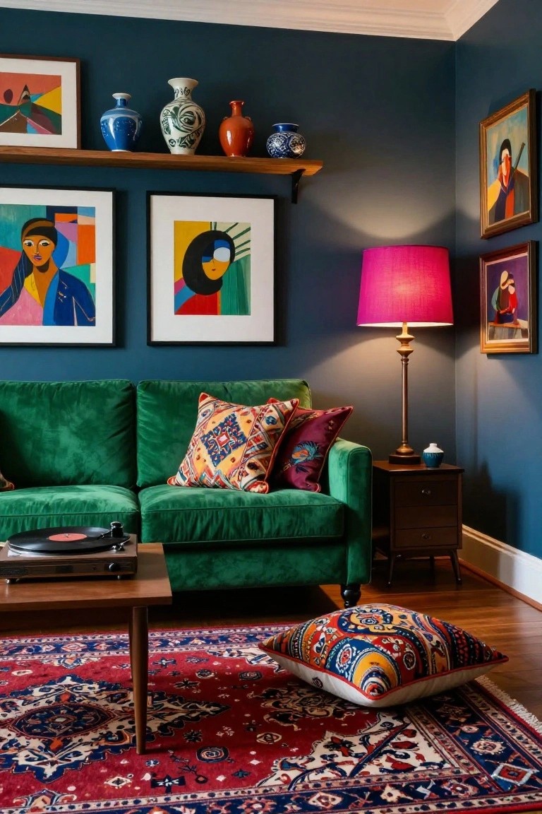 Living room corner with navy walls, green velvet sofa with patterned pillows, wooden shelves holding vases and ceramics, colorful abstract paintings, pink-shaded brass floor lamp on wood side table, turntable on low wood table, and red Persian-style rug.