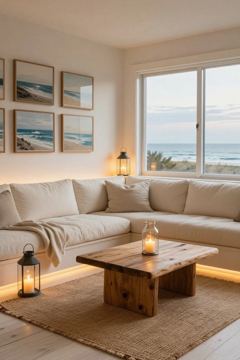 A cream-colored L-shaped sofa in a light beige living room with a wooden coffee table holding a lit candle in a glass jar, multiple black metal lanterns with candles on the floor, a beige seagrass rug, and large windows overlooking a beach at dusk.