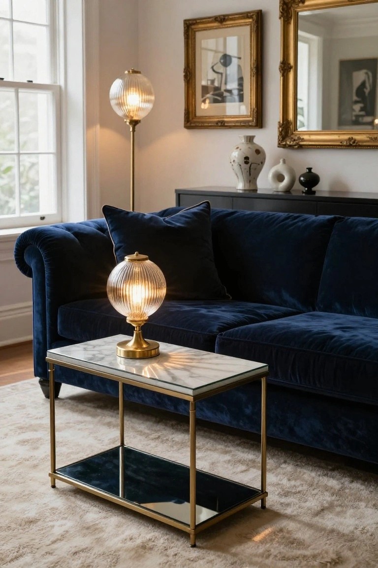 A living room corner featuring a navy blue velvet tufted sofa next to a marble-top gold coffee table with a small ribbed glass globe table lamp, a matching larger floor lamp nearby, gold-framed mirrors and artwork on walls, and ceramic vases on a dark credenza.