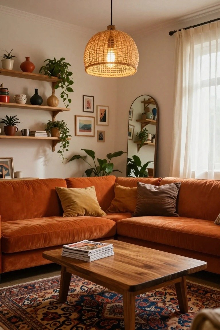 Cozy living room with orange velvet sectional, woven pendant light, and wooden coffee table.