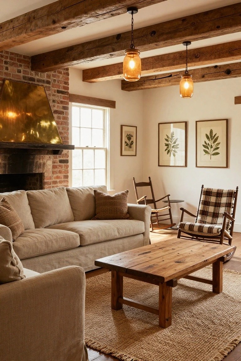 Living room with exposed wooden beam ceiling, brick wall and fireplace with brass hood, beige linen sofa, wooden coffee table, rocking chairs, botanical prints, and two hanging mason jar pendant lights.