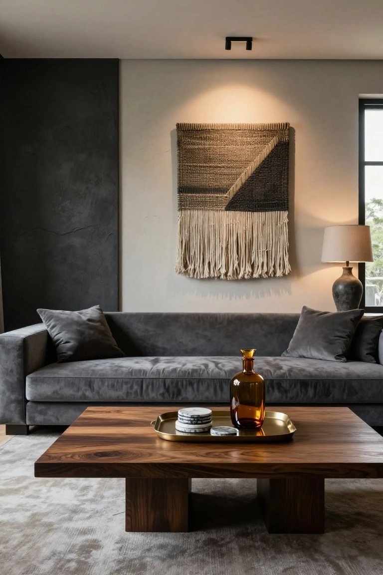 Modern living room with gray velvet sofa, wooden coffee table holding gold tray with plates and amber glass vase, woven wall hanging, tall ceramic table lamp, recessed black ceiling spotlight, textured black accent wall, and window.