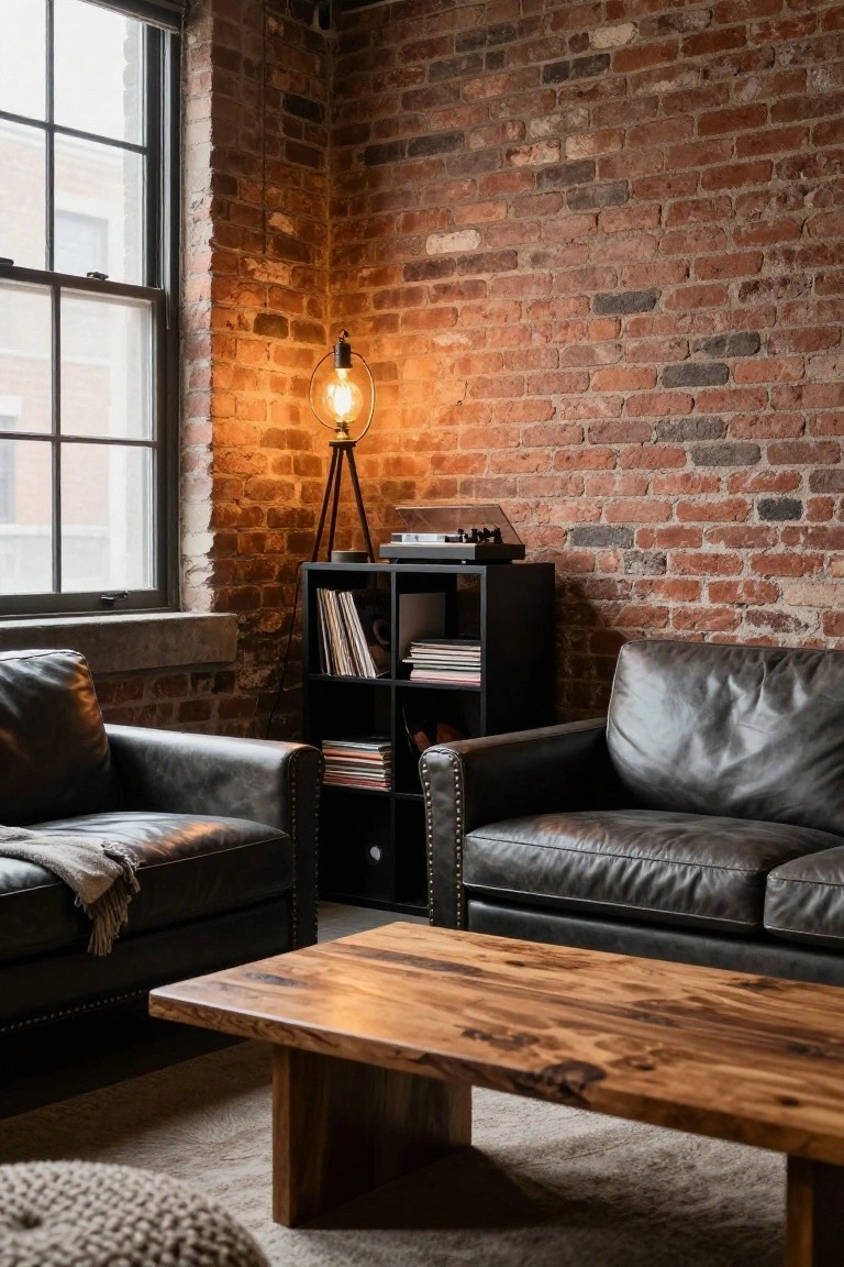 Corner of a living room with exposed brick walls, two black leather armchairs around a wooden coffee table, black shelving unit holding records and a turntable, and a black tripod floor lamp with glowing exposed bulb.
