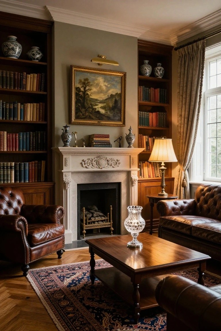A cozy traditional living room featuring floor-to-ceiling bookshelves, a carved marble fireplace with a lit fire, two leather armchairs, a wooden coffee table with a glass vase, and warm lighting from a table lamp and wall sconce.