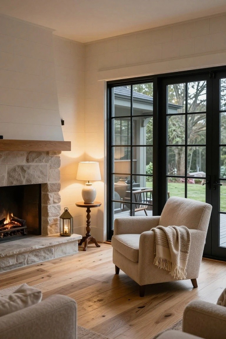 A living room corner with a lit stone fireplace, cream armchair draped with a light throw, side table holding a white lamp and brass candle lantern, oak floors, and black-framed doors opening to a wooded yard.