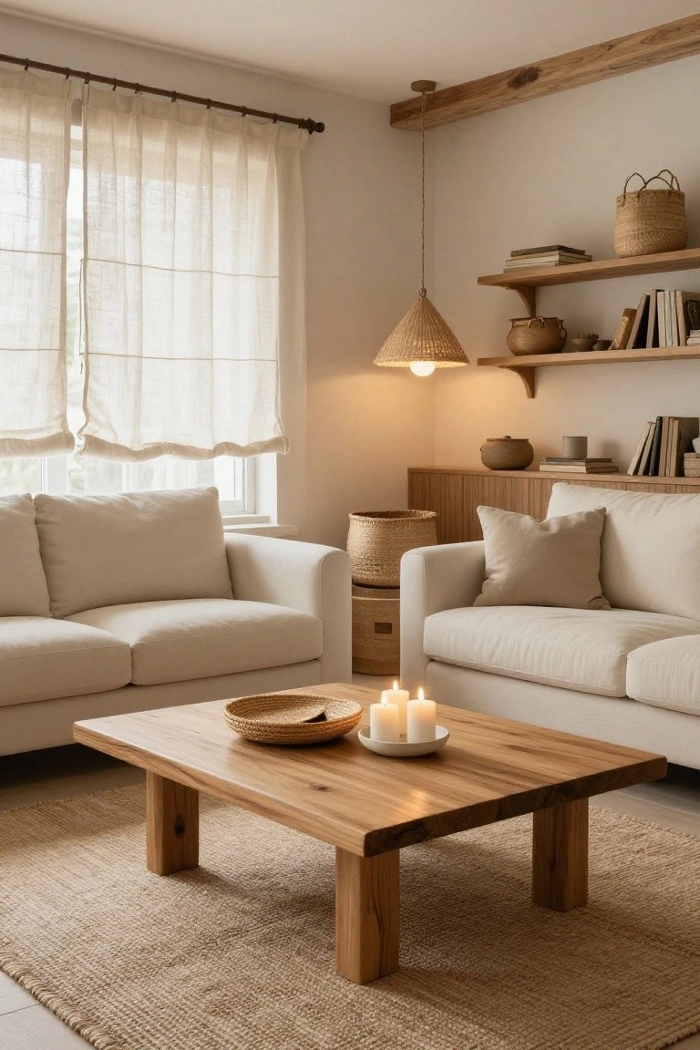 Light beige living room with two cream fabric sofas facing a wooden coffee table holding three lit white candles on a plate inside a woven basket, lit by a hanging rattan pendant lamp, sheer curtains on windows, wooden shelves with books and pottery, and beige rug.