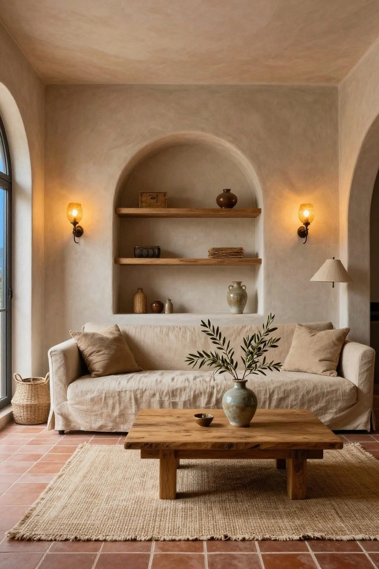 Beige stucco-walled living room with arched niche containing wooden shelves and ceramic pottery, flanked by wall-mounted glass sconces, linen slipcovered sofa, wooden coffee table with vase of olive branches, seagrass rug, and terracotta tile floor.