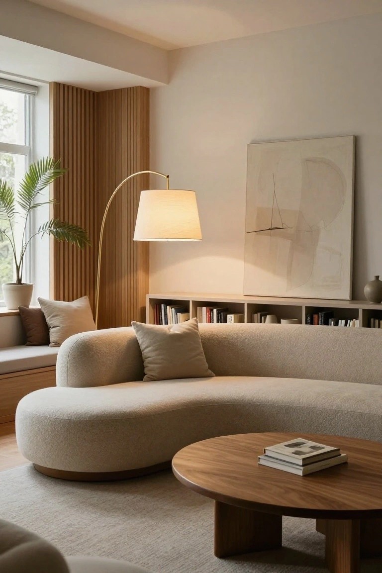 Light-filled living room with curved cream bouclé sofa, gold arched floor lamp with white shade, wooden slatted wall, built-in bookshelves, potted palm by window, abstract beige artwork, and round wooden coffee table on beige rug.