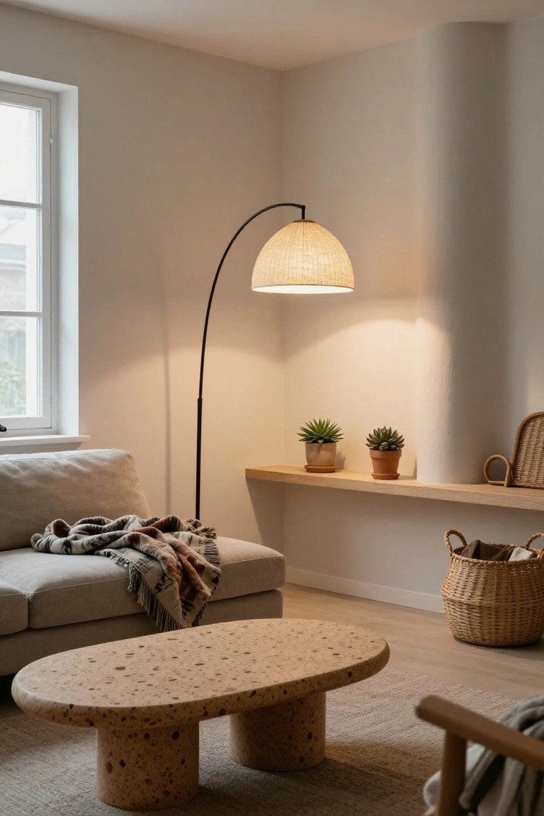 A modern living room corner with a light gray sofa draped in a patterned blanket, oval terracotta coffee table on a rug, arched black floor lamp with rattan shade, two potted succulents on a wooden shelf, wicker basket, and neutral curved wall.