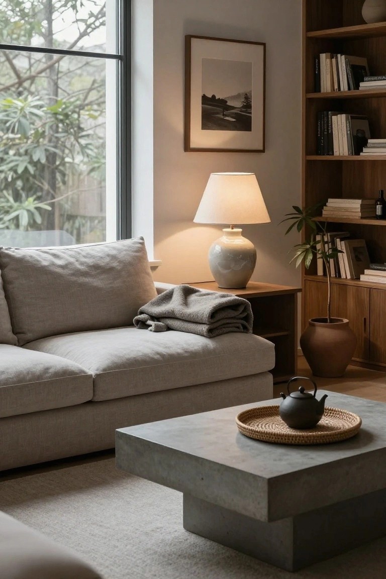 A light gray linen sofa with gray throw blanket next to a wooden side table holding a large white ceramic lamp, concrete coffee table with rattan tray and black teapot, wooden bookshelves with books and plants, and large window showing outdoor greenery.