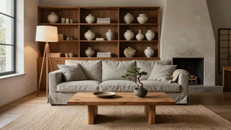 A Japandi living room with tall wooden shelving displaying white ceramic vases and a bonsai tree, two low light gray sofas with beige cushions and throw, wooden coffee table holding a black dish and bowl, seagrass rug, and wooden tripod floor lamp with white shade positioned between sofa and shelving unit.