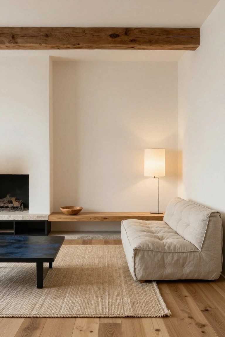 Minimalist living room with beige sofa, wooden coffee table, and lit floor lamp.
