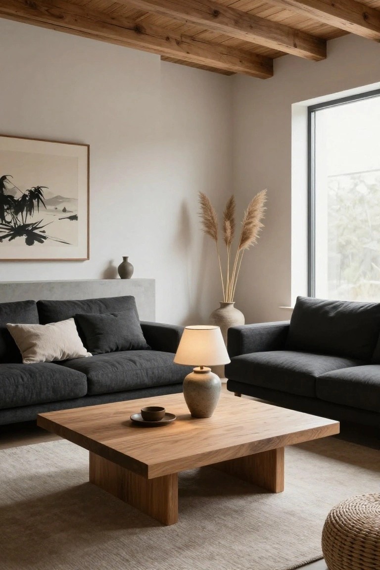 Minimalist living room with gray sofas, wooden coffee table, and pampas grass.
