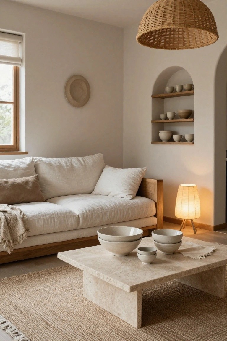 A beige living room with white linen sofa, low wooden arms, travertine coffee table topped with stacked white ceramic bowls, large woven pendant lamp overhead, rice paper tripod floor lamp, arched wall niche with pottery shelves, and beige rug.