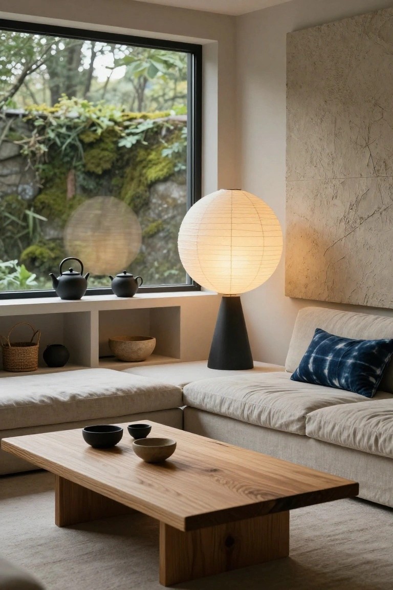 Modern Japandi-style living room with large white paper lantern floor lamp on black conical base next to beige L-shaped sofa, oak low coffee table holding black and ceramic bowls, built-in window sill shelves with black teapots and baskets, and large window showing greenery and stone wall.