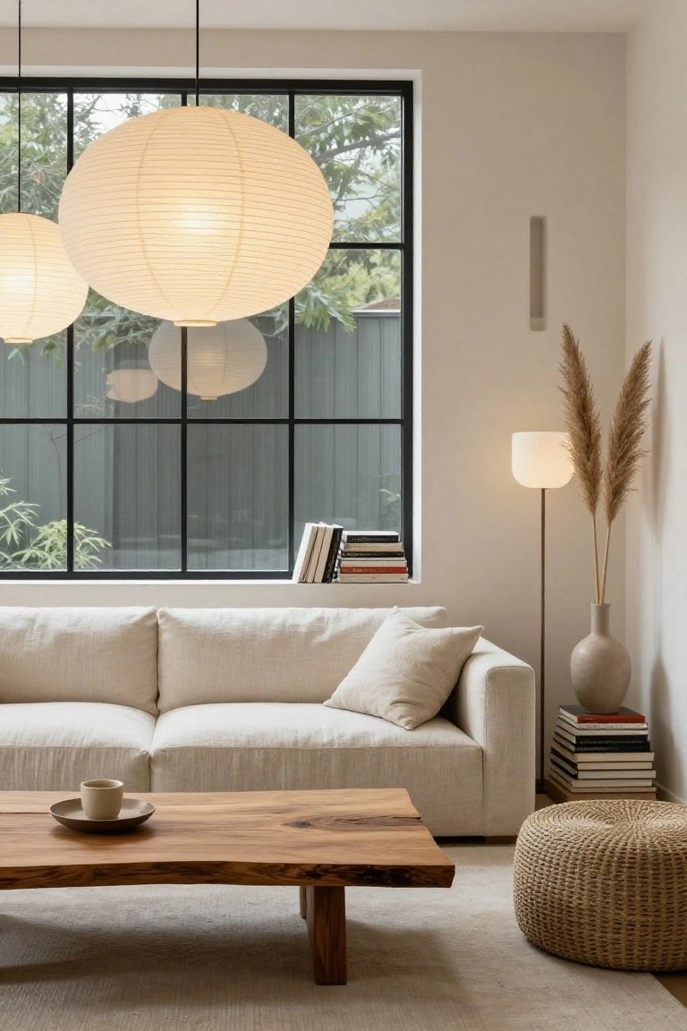 A light-filled living room featuring a white linen sofa, live-edge wood coffee table with a teacup, multiple hanging beige paper lantern pendants, floor lamp, potted plants, stacked books, and large black-framed windows overlooking greenery.