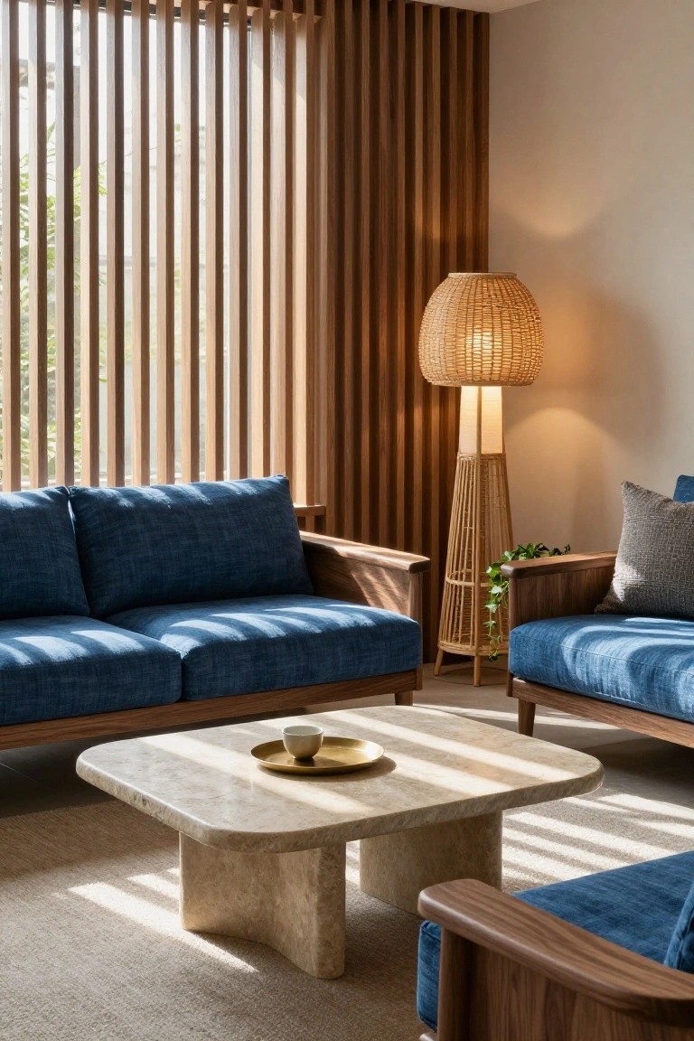 Japandi living room with navy fabric sofas, square travertine coffee table holding a teacup, tall rattan floor lamp, wooden slatted walls and window screens, and beige area rug.