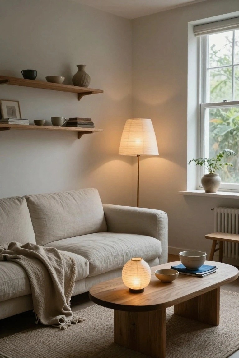 Cozy living room with beige sofa, wooden coffee table, and warm floor lamp.