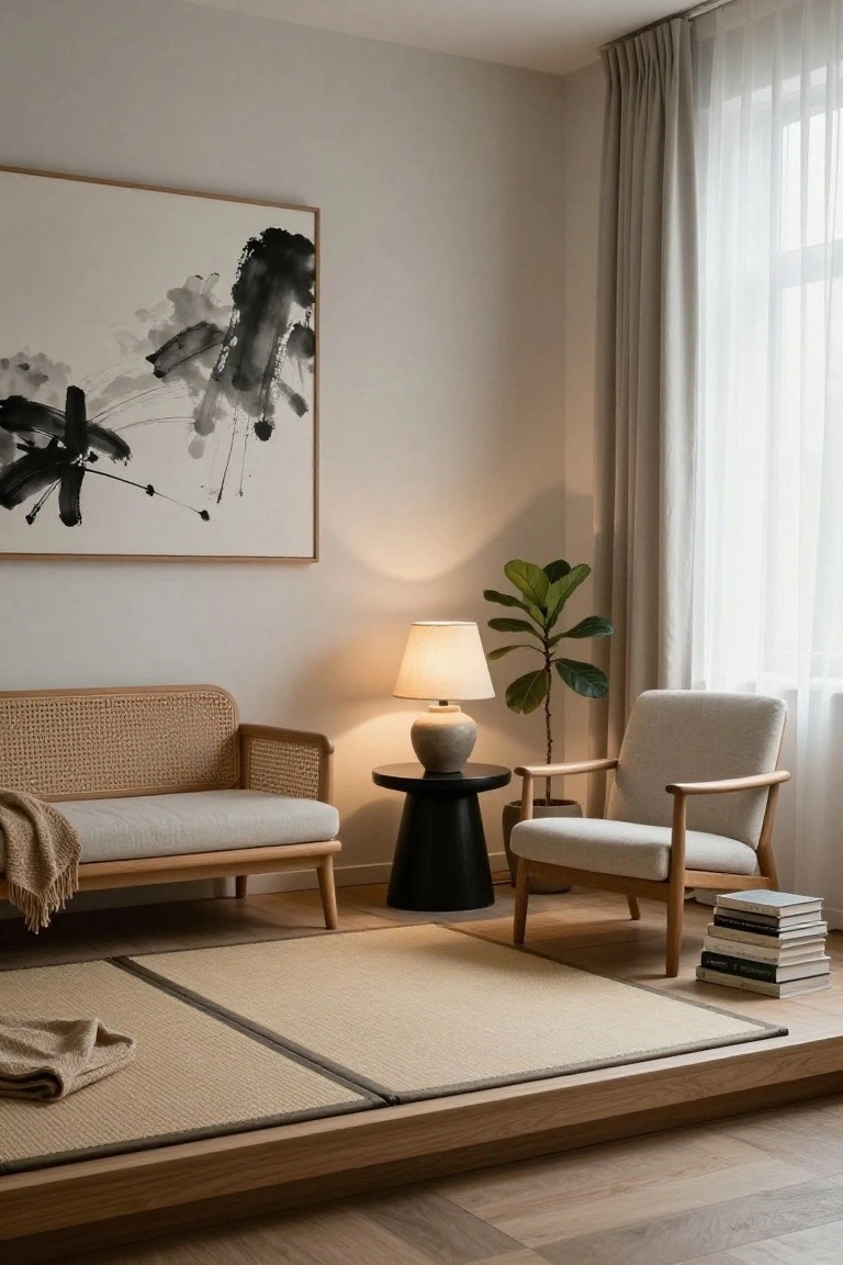 A Japandi living room corner with raised wooden tatami platform holding rattan loveseat and blanket, cream armchair, black conical table with ceramic lamp and fiddle leaf fig plant beside it, stack of books, and large abstract ink painting on wall.